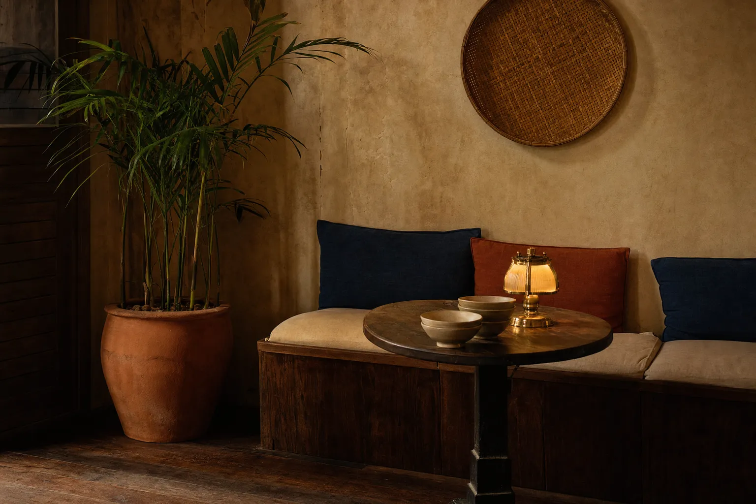 A quiet corner with a wooden bench, linen cushions and a warm brass lamp