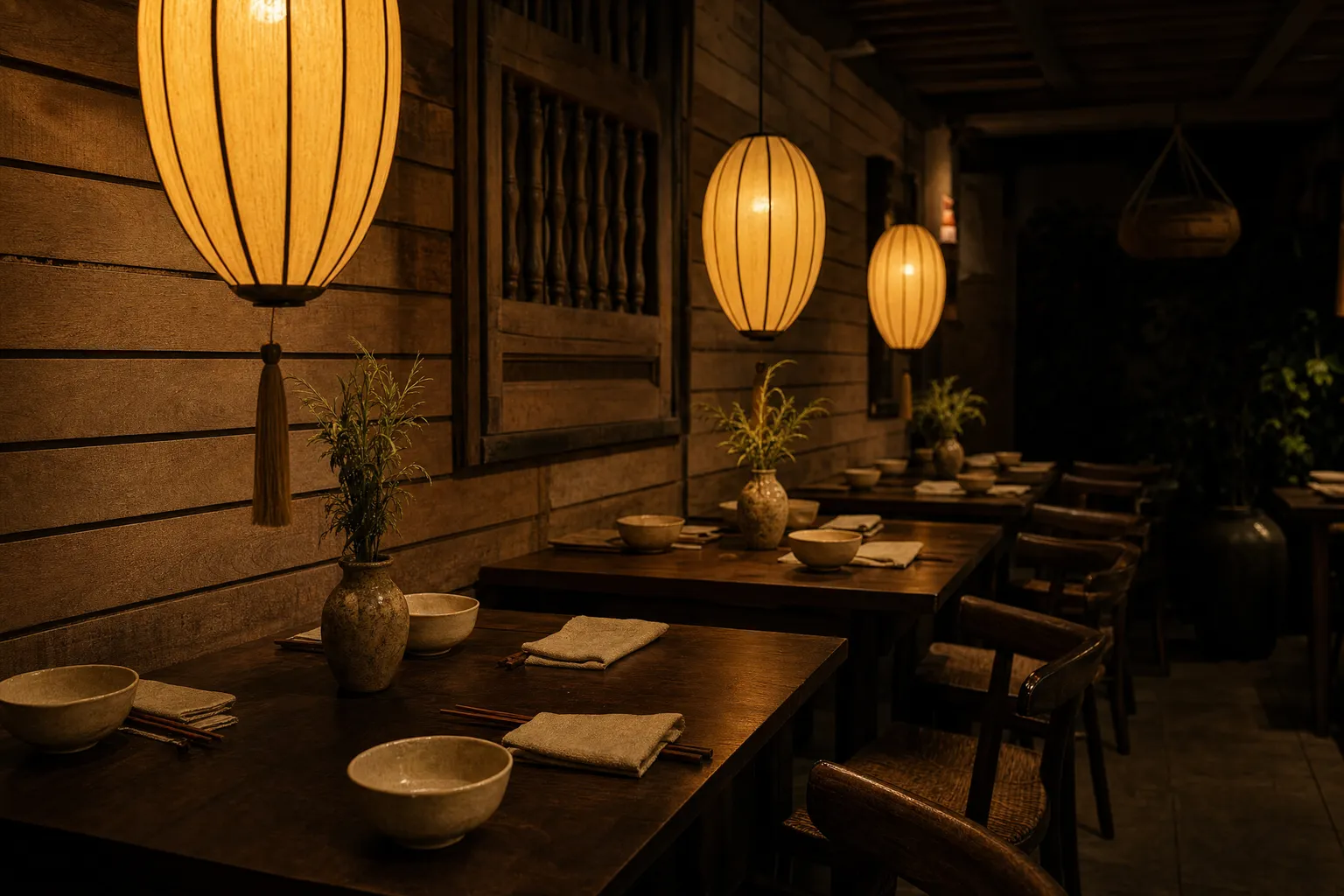 Wooden tables under warm hanging silk lanterns in the evening