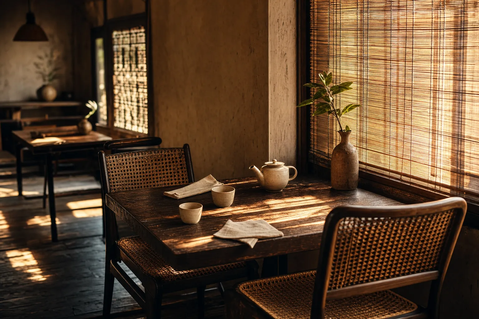 A wooden table for two beside bamboo blinds with warm morning light